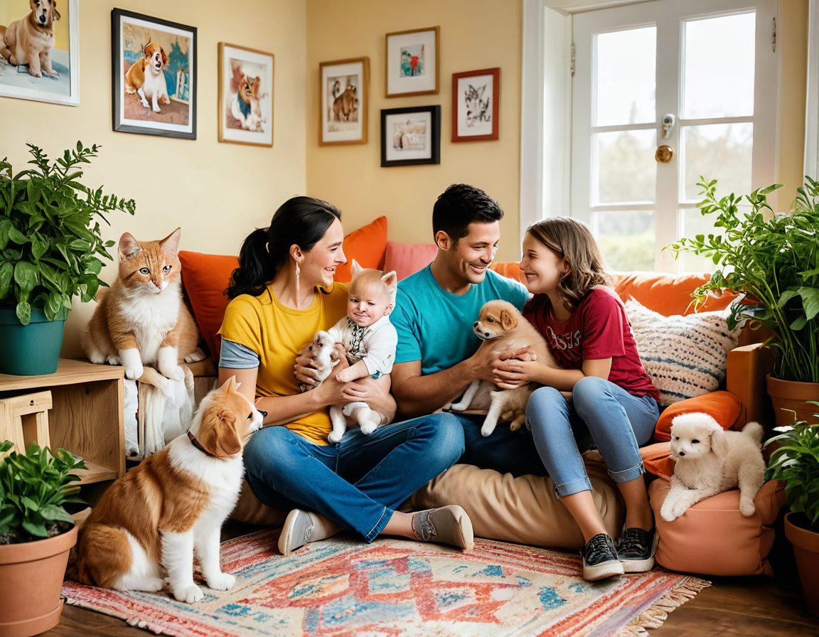 A heartwarming scene of a diverse group of people joyfully interacting with various adorable pets in a cozy adoption center. Include a family happily adopting a playful puppy, a couple cuddling a fluffy kitten, and children playing with rabbits in a sunny, colorful environment. Surround them with adoption posters, toys, and plants to create a vibrant atmosphere. super-realistic. vibrant colors. warm lighting.