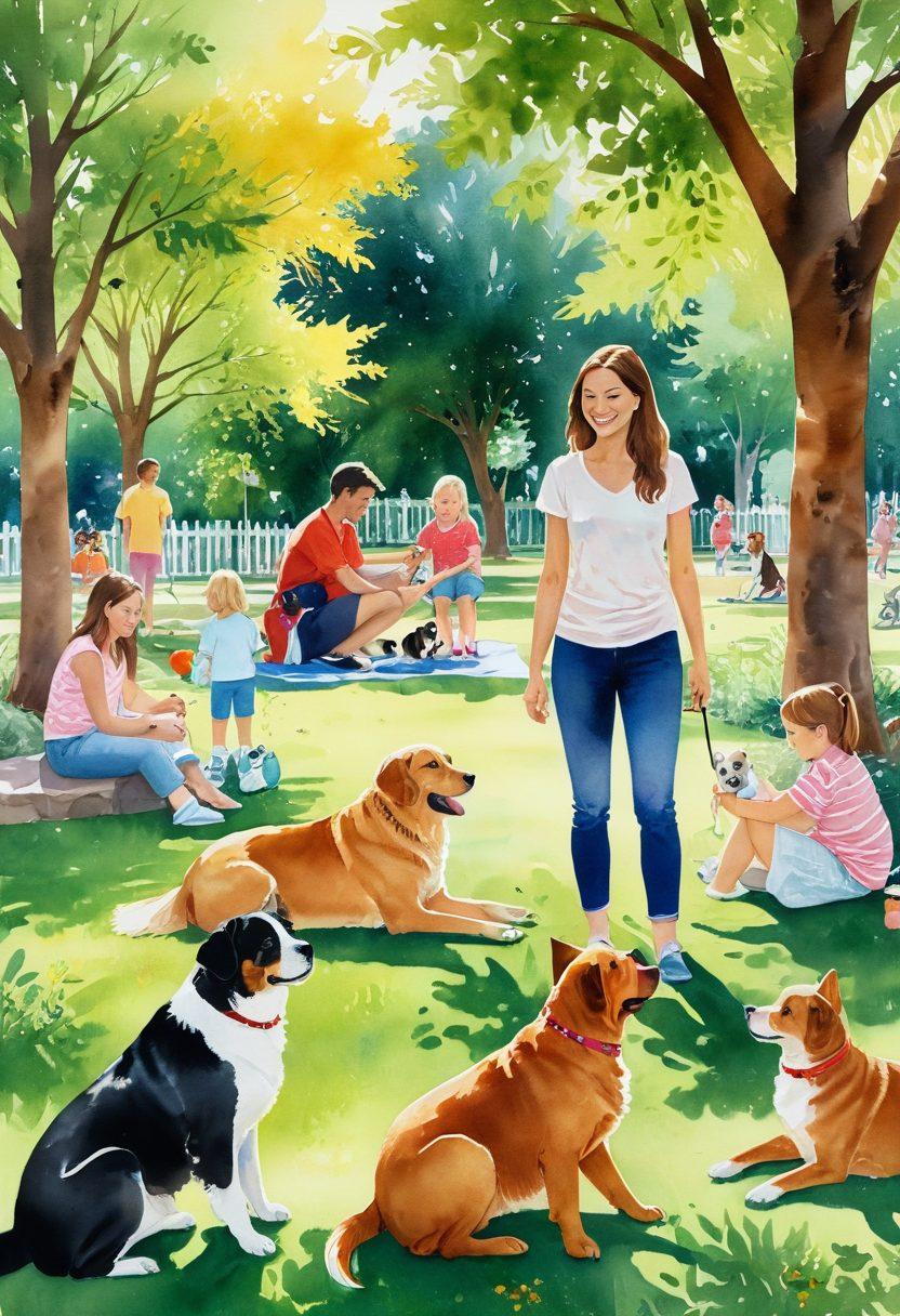 A warm scene showcasing various pets being lovingly cared for by a diverse group of people, with a bright, sunny backdrop featuring a park, pet supplies scattered around, and children playing with animals. Incorporate elements of companionship, empathy, and happiness between pets and their owners. soft focus, watercolor painting, vibrant colors, and a sense of joy.